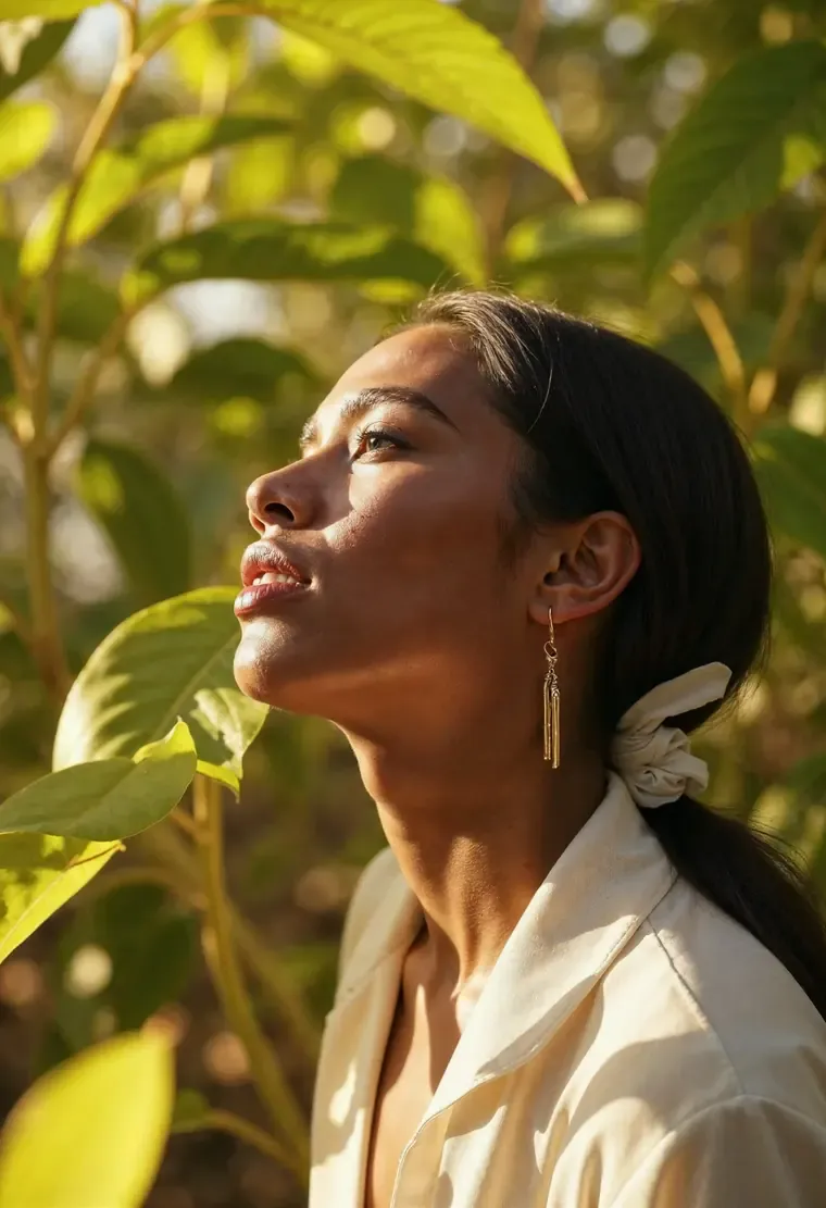 Ensaio com luz natural entre folhagens, golden hour